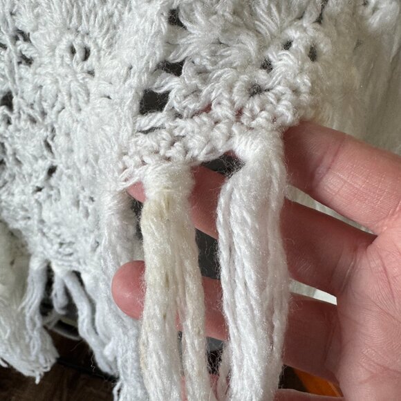 Handmade Crochet Shawl Wrap Ivory Fringe Boho Cottagecore - Picture 6 of 10